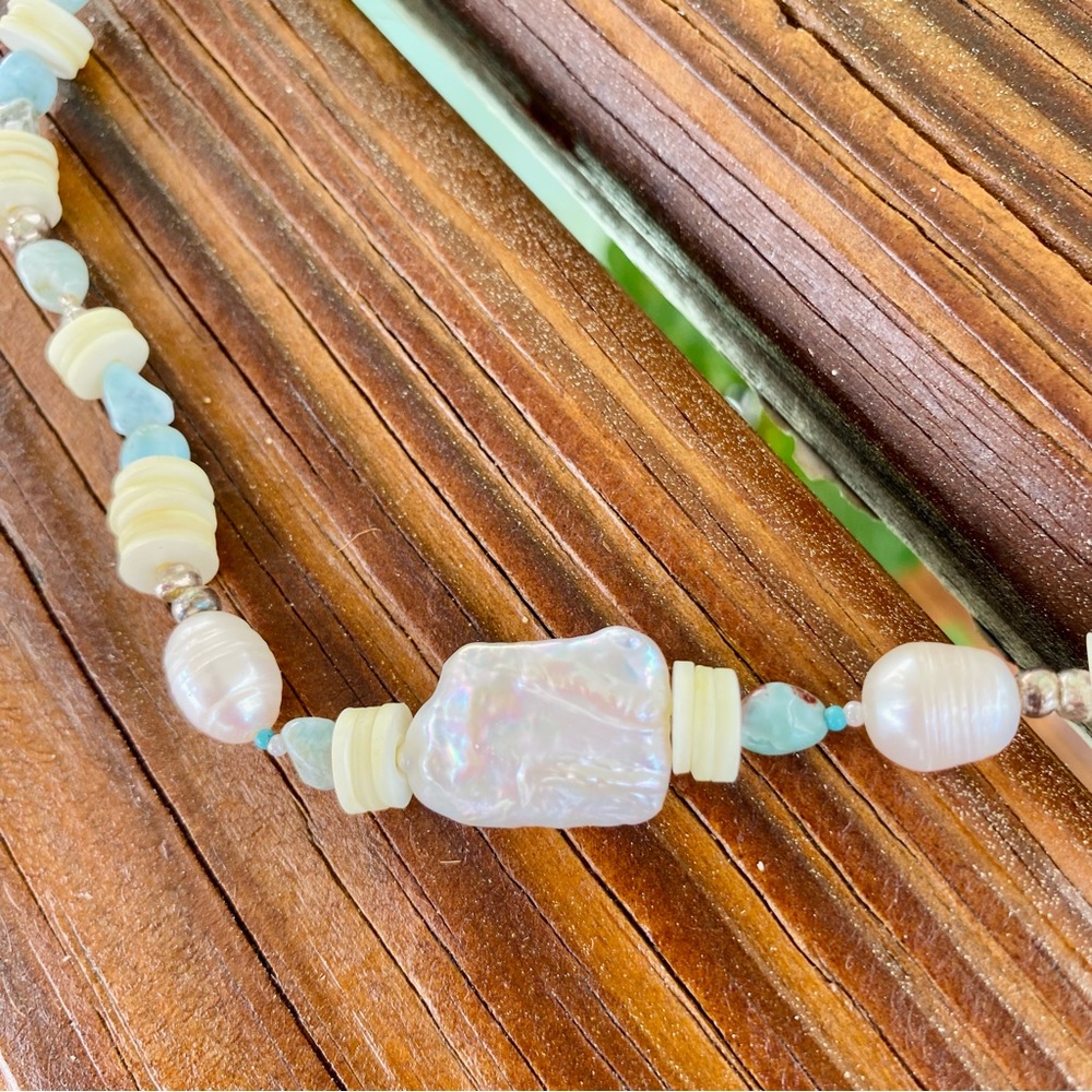 DANNIJO Riviera Freshwater Pearl, Heishi, & Larimar Beaded Necklace NWT - Picture 11 of 14